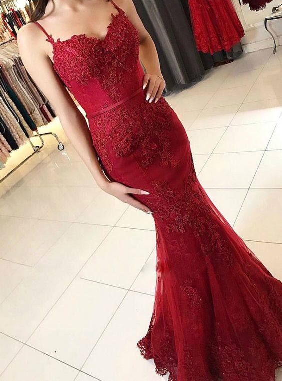 Spaghetti Strap Burgundy Lace Appliqued Mermaid Prom Dresses - VelvetHem