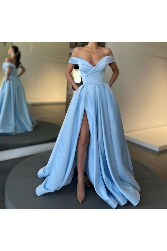 Elegant Long Blue Satin Off the Shoulder Prom Dress Formal Evening Gowns - VelvetHem