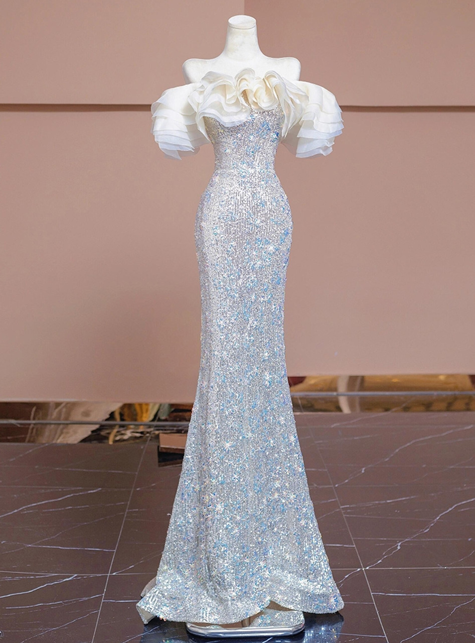 Luxury Silver Mermaid Sequins Beading Prom Dress Formal Evening Dress Y7614 - VelvetHem