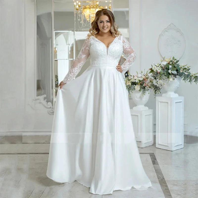 Beach Plus Size Wedding Dress Woman Satin Bohemian Lace Long Sleeve V Neck A Line Floor Length Bridal Gown White (ZD13497) - VelvetHem