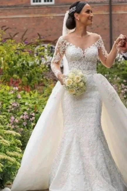 Dignified Sweetheart Appliques Lace Long Sleeve Mermaid Wedding Dresses with Train (ZD14683) - VelvetHem