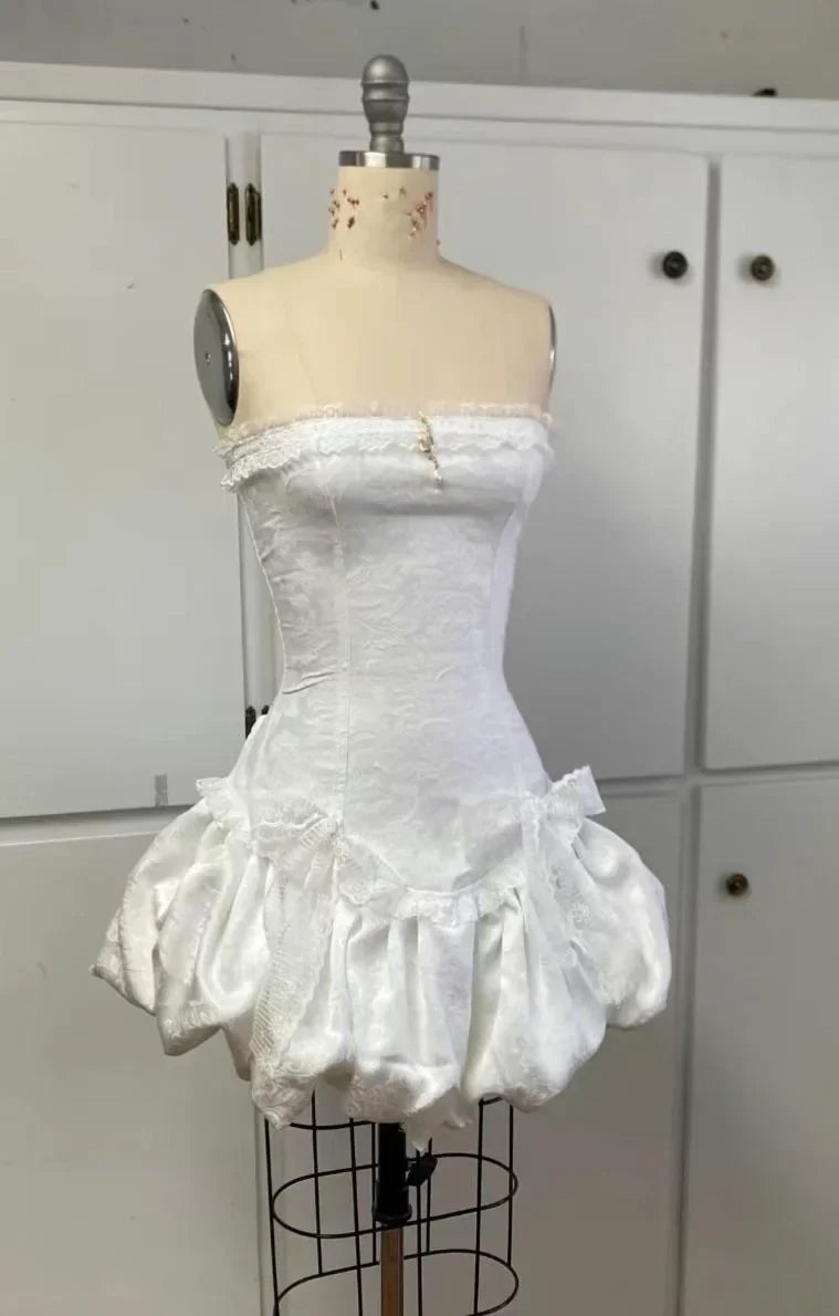 50s Vintage Sheath Strapless Lace Applique White Homecoming Dress Party Dress