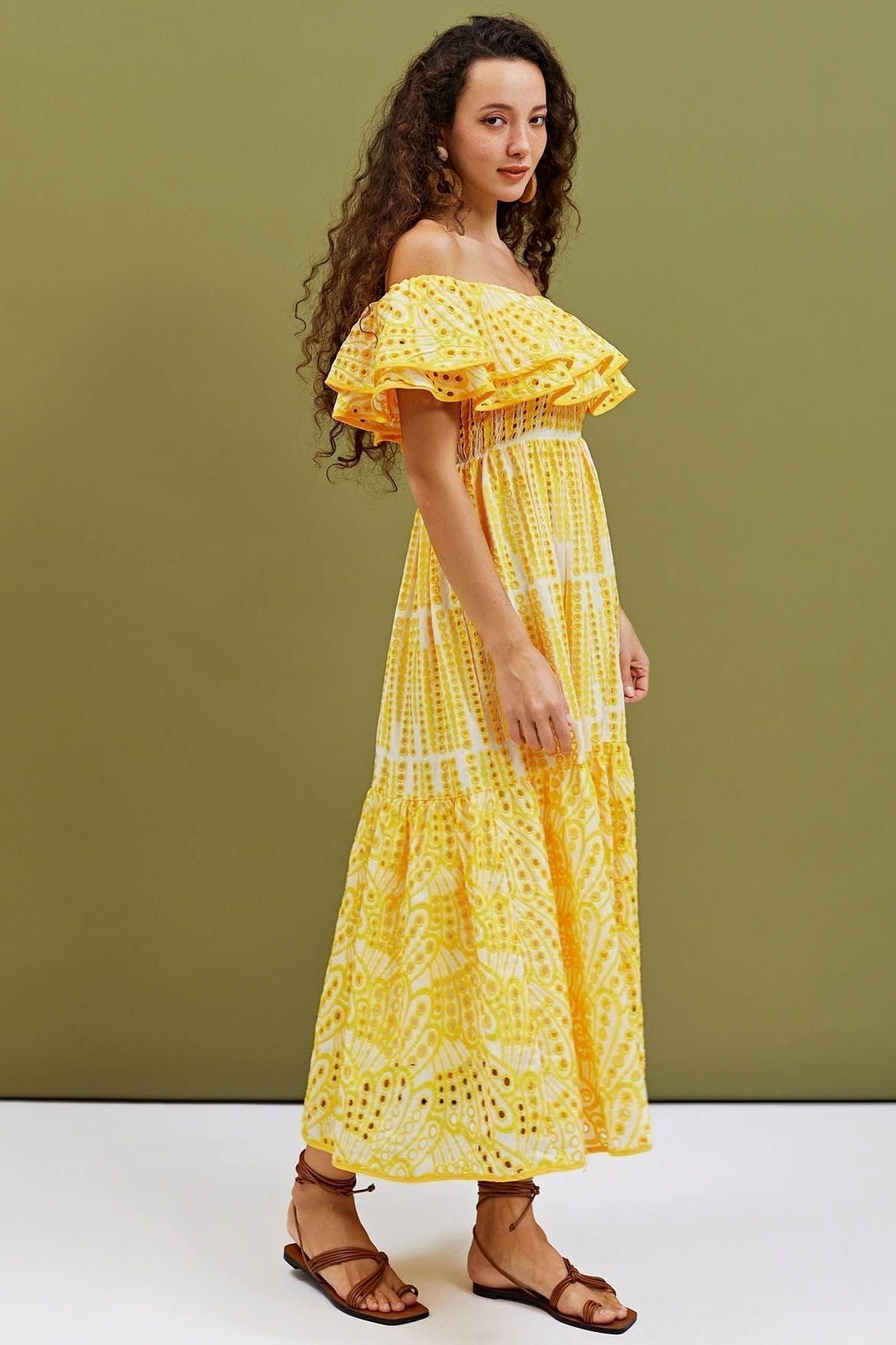 Waleska Statement Off the Shoulder a Line Flare Midi Dress with Embroidered Lace Occasion Edit