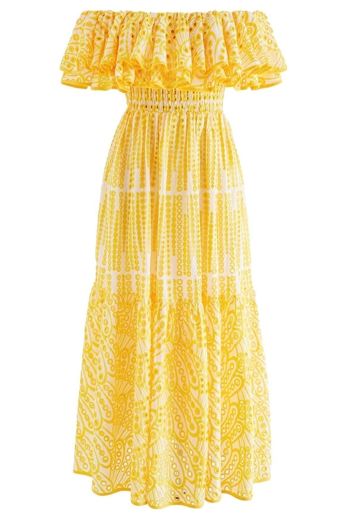 Waleska Statement Off the Shoulder a Line Flare Midi Dress with Embroidered Lace Occasion Edit