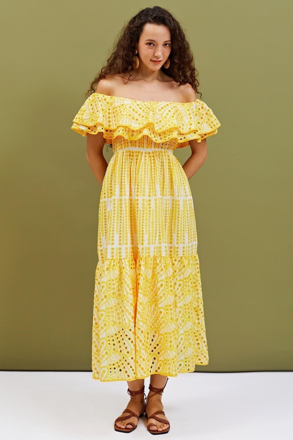 Waleska Statement Off the Shoulder a Line Flare Midi Dress with Embroidered Lace Occasion Edit