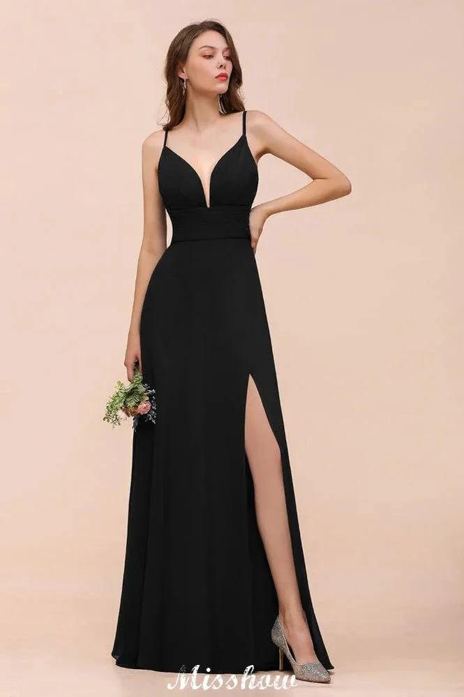 Double V-Neck Front Split Bridesmaid Dress Formal Party Dress for Wedding Black (ZD12945)