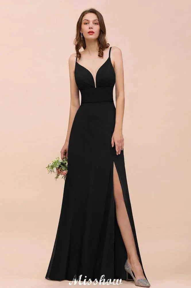 Double V-Neck Front Split Bridesmaid Dress Formal Party Dress for Wedding Black (ZD12945) - VelvetHem