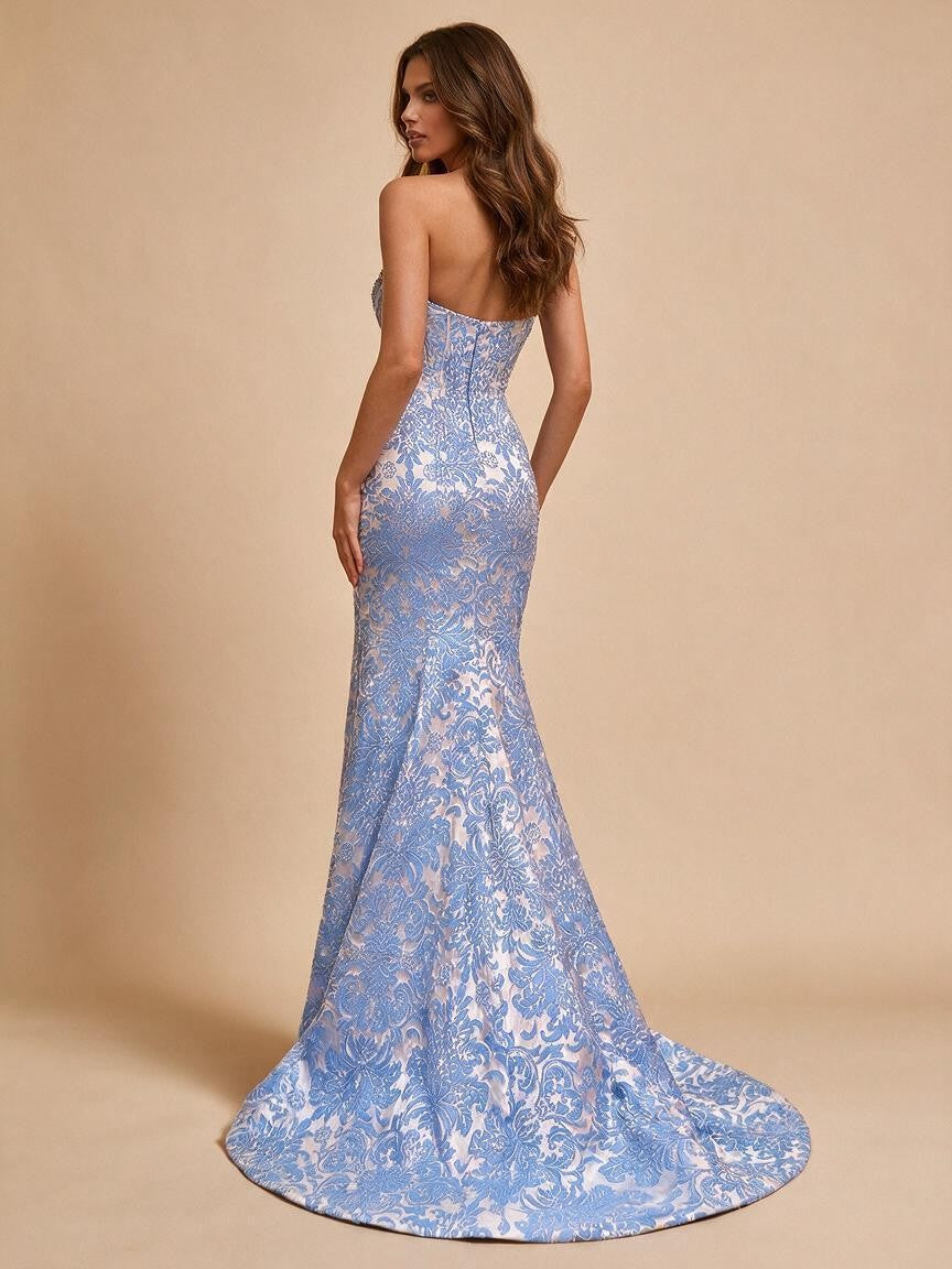 Blue Damask Jacquard Corset Mermaid Prom Dress with High Slit | ZapDress