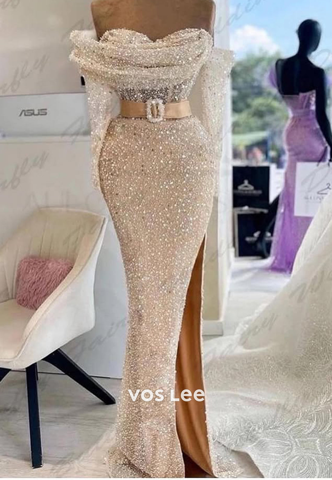 Sparkle White Sequined Fitted Sweetheart Sleeves Evening Dress Formal Party Gown - VelvetHem