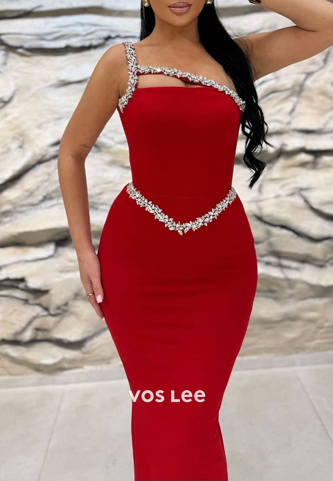 Sexy Red Asymmetrical Beaded Mermaid Evening Dress Floor-Length Formal Party Gown - View 2 | VelvetHem