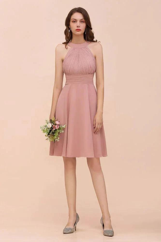 Dusty Pink Knee Length Bridesmaid Dress Halter Chiffon Maid of Honor Dress (ZD12992)