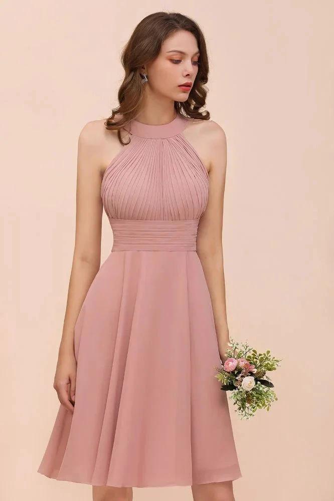 Dusty Pink Knee Length Bridesmaid Dress Halter Chiffon Maid of Honor Dress (ZD12992)
