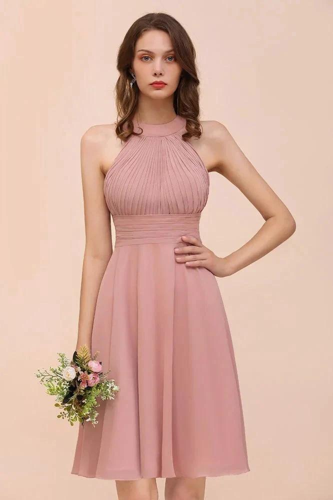 Dusty Pink Knee Length Bridesmaid Dress Halter Chiffon Maid of Honor Dress (ZD12992) - VelvetHem