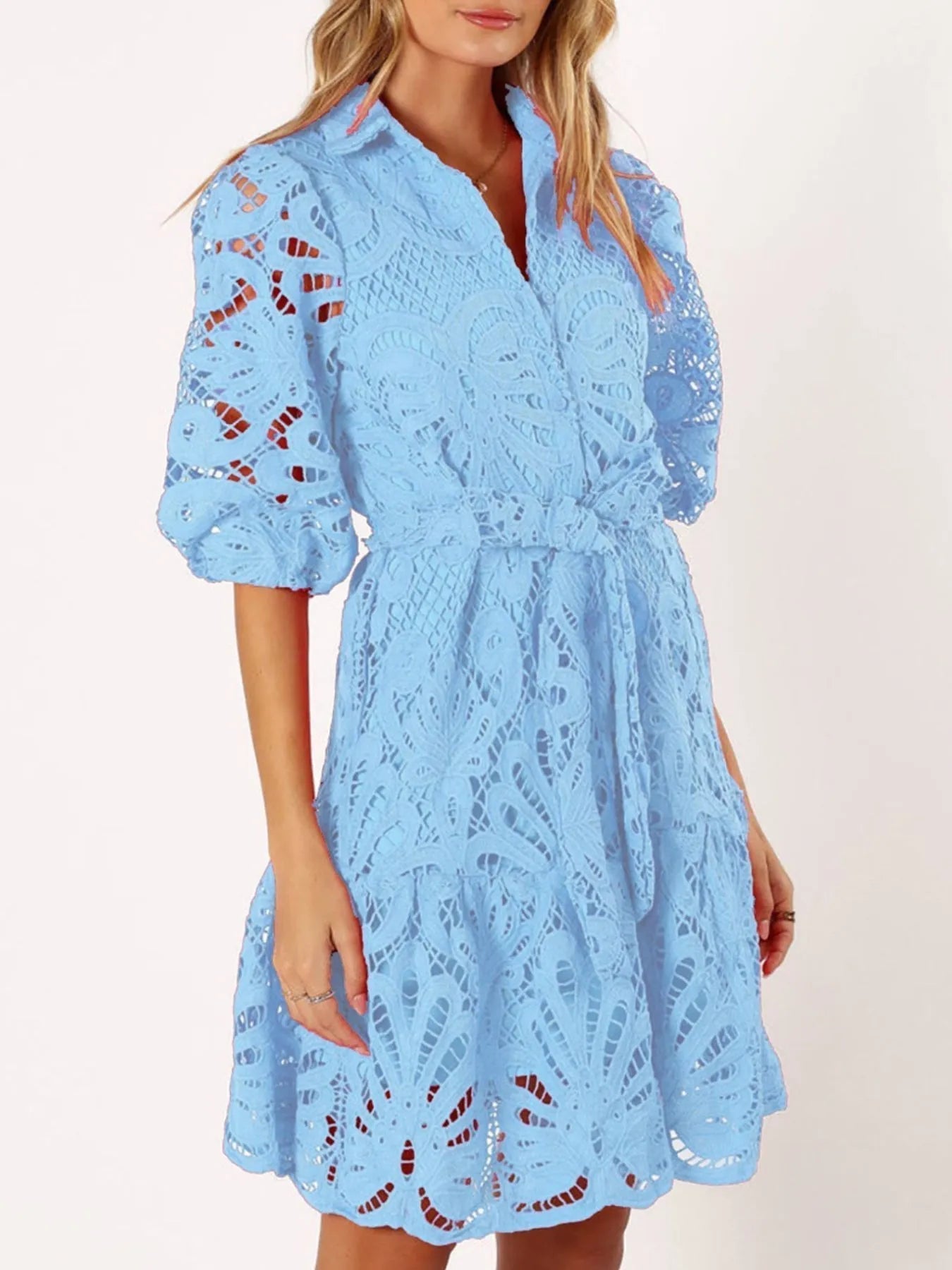 Viola Minimalist Lace Mini Dress with Tie Waist and Half Sleeves Boutique Collection