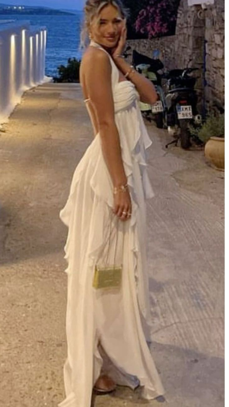 Sexy Halter Party Dress White Chiffon Slit Evening Gown Prom Dress - View 3 | VelvetHem