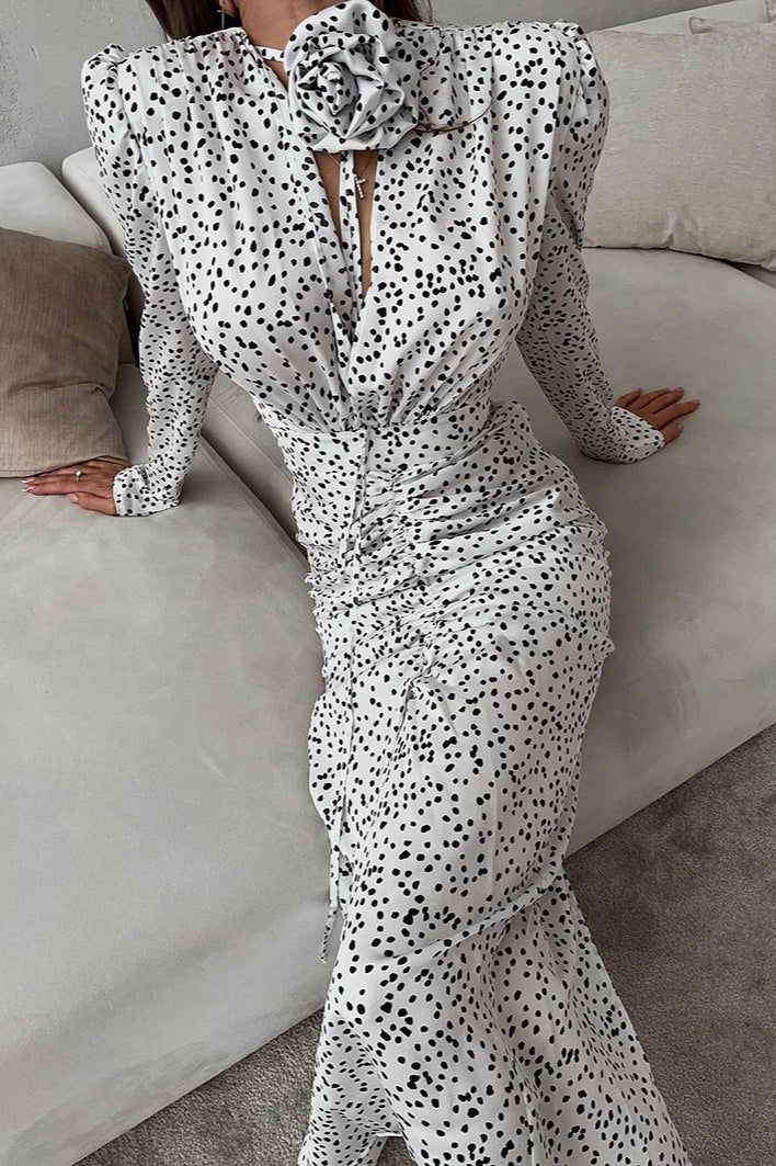 Polka Dot Floral V-Neck Puff Sleeve Maxi Dress - VelvetHem