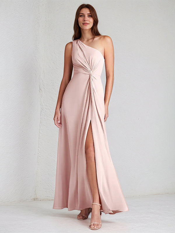 A Line Pink Chiffon One Shoulder Sleeveless Ankle Length Dress With High Slit - VelvetHem