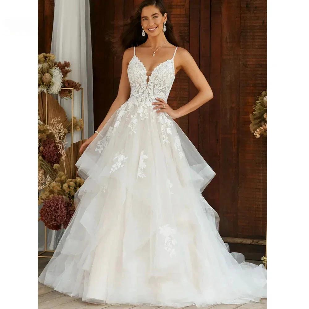 Boho Elegant Wedding Dress For Women V-Neck A-Line Tiered Lace Appliques Backless Bridal Gowns Vestidos De Novia (ZD13533) - VelvetHem