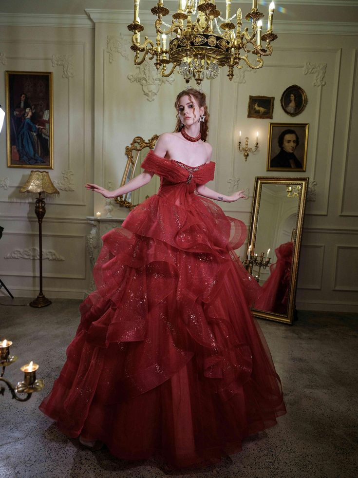 Glitter Off-Shoulder Evening Gown, Red Tulle Beaded Ball Gown Fairy Quinceanera Dress - View 4 | VelvetHem