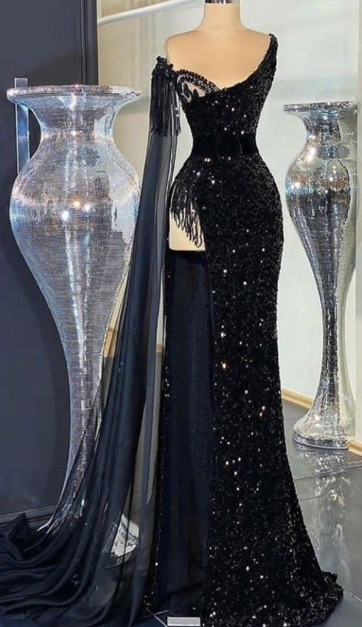 Gorgeous Black Sequins Evening Dress Beaded Tassel Slit Long Prom Dress Y7650 - VelvetHem