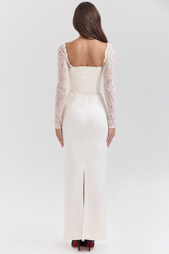 Long Sleeve Lace Satin Maxi Dress - View 5 | VelvetHem