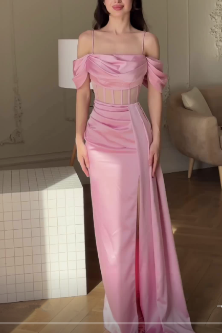 Pink Mermaid Evening Dress Long Slit Party Prom Dress - VelvetHem