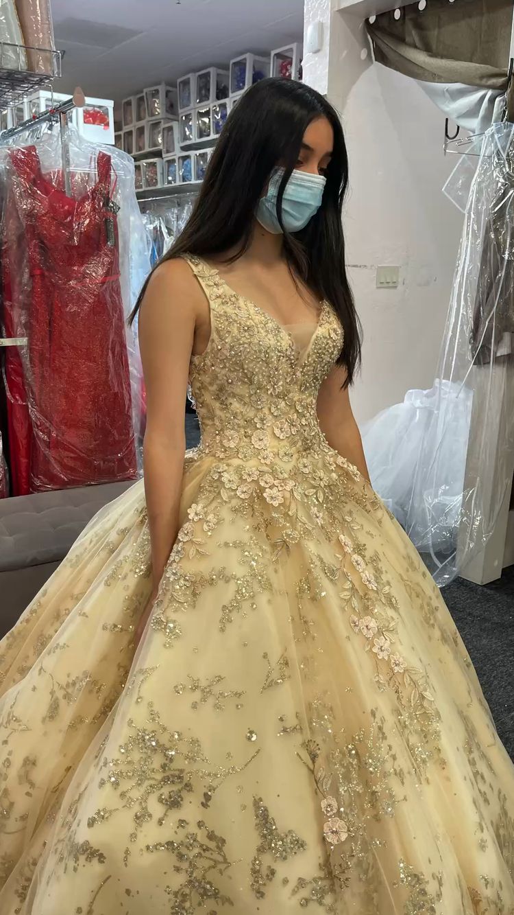 Luxurious Champagne V Neck Quinceanera Dress Princess Dress Champagne Ball Gown Y593 - VelvetHem