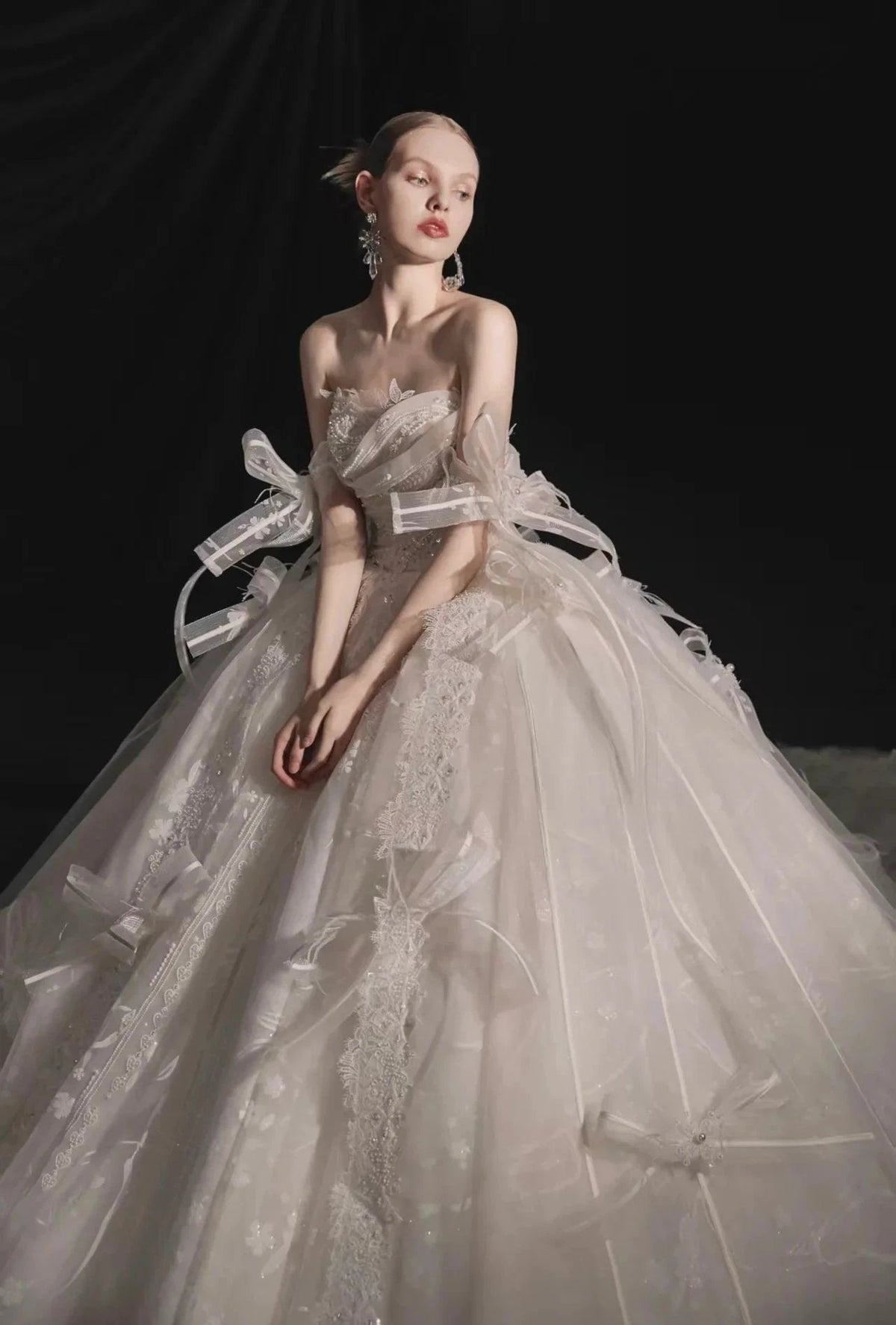 Romantic Strapless Ball Gown Tulle Ribbon Embellished Lace Wedding Dress with Voluminous Skirt (ZD16901)