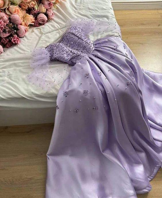 Vintage A line Sweetheart Pearls Long Sleeves Lilac Prom Dress Evening Dresses fg6825 - VelvetHem