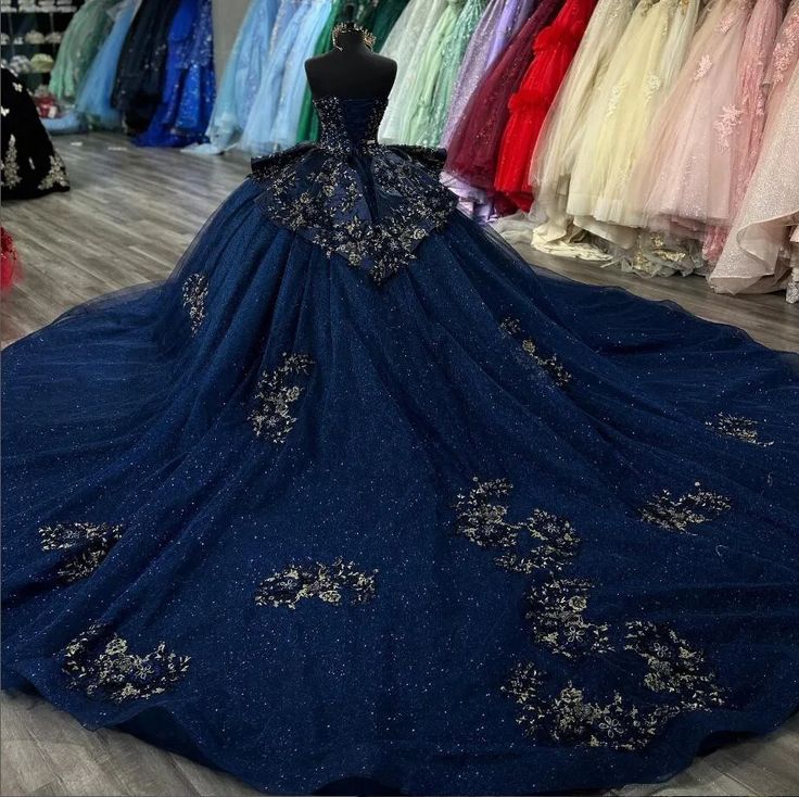 Navy Blue Sparkly Princess Quinceanera Dresses Applique Peplum Corset vestido de 15 quincea�eras Sweet 16 Ball Gown fg6840 - View 2 | VelvetHem