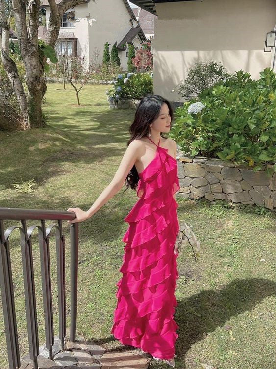 Sheath Halter Sleeveless Pink Chiffon Prom Dress 22th Birthday Outfit fg6824 - View 2 | VelvetHem
