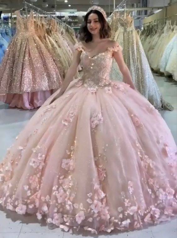 Pink Ball Gown With 3D Flowers Sweet 16 Dress Romantic Pink Embroidery Cape Ball Gown 3D Floral Beaded Long Sweet Frill Dress - View 4 | VelvetHem