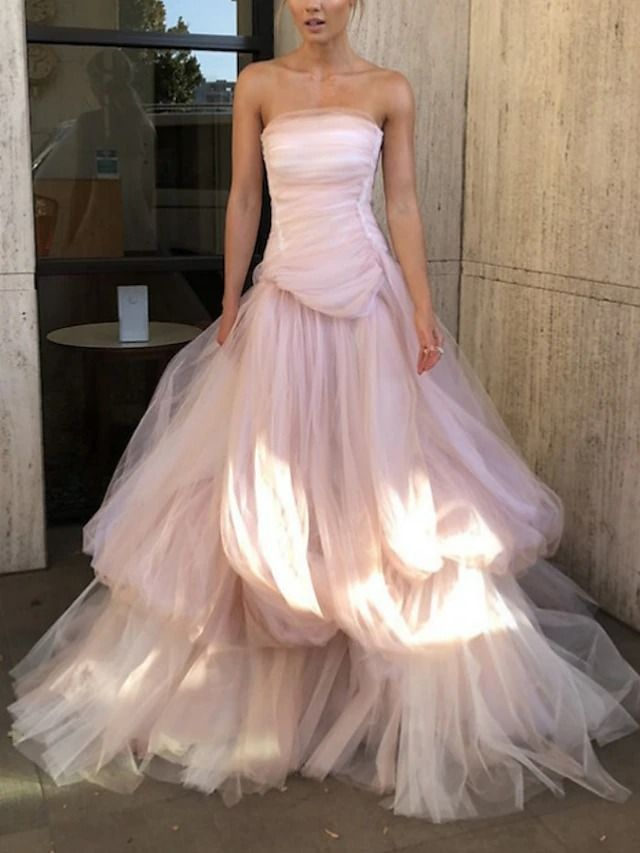 Light Pink Tulle Long Prom Dress Elegant Ball Gown - VelvetHem