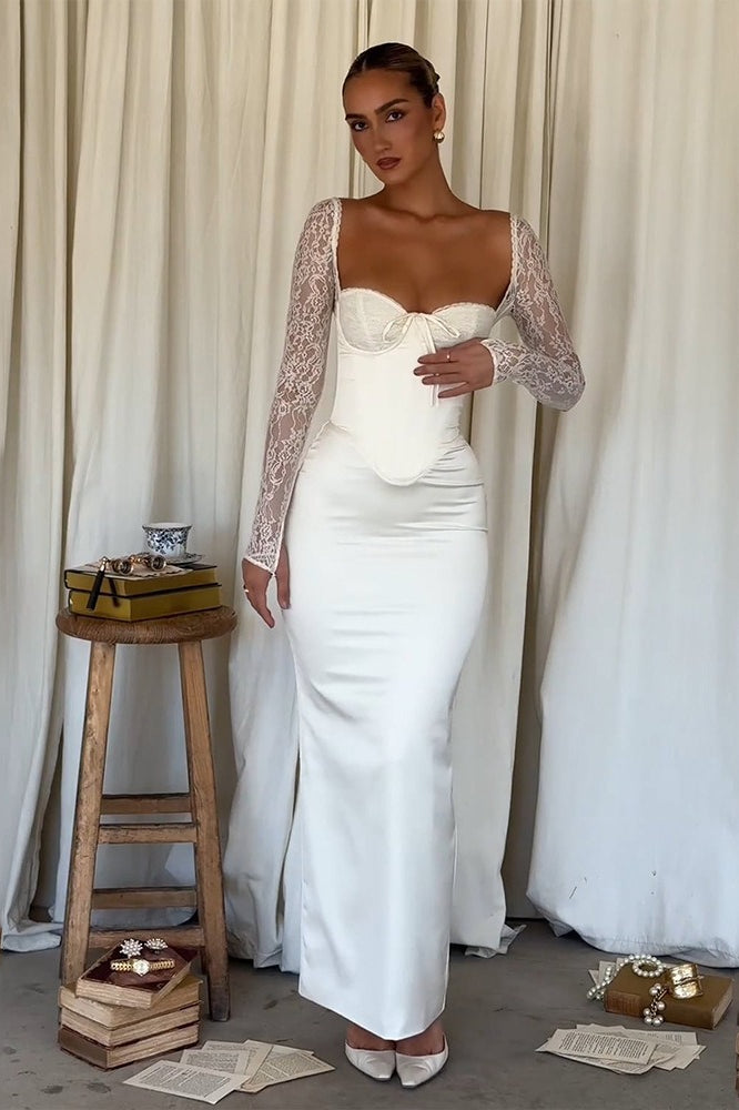 Long Sleeve Lace Satin Maxi Dress - View 8 | VelvetHem