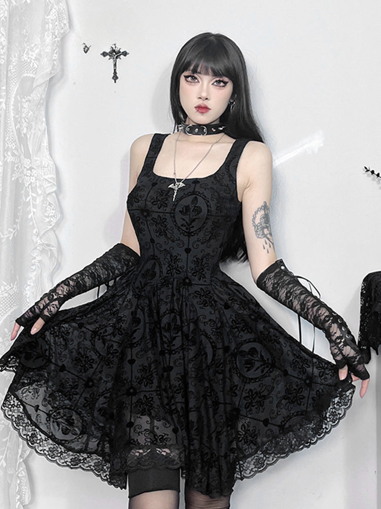 Gothic Vintage Lace Patchwork Sleeveless Draped Spaghetti Strap Bodycon Cami Dress - VelvetHem