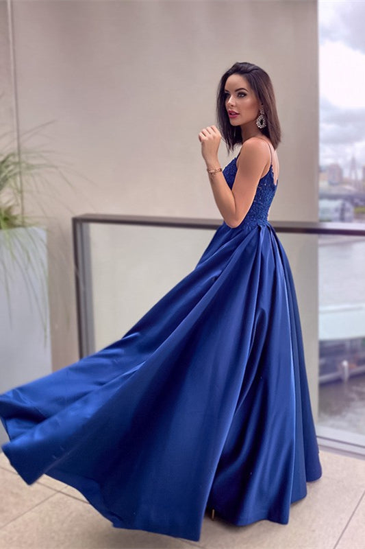Regal Blue Spaghetti Straps Lace Applique Prom Dress with Elegant Pockets