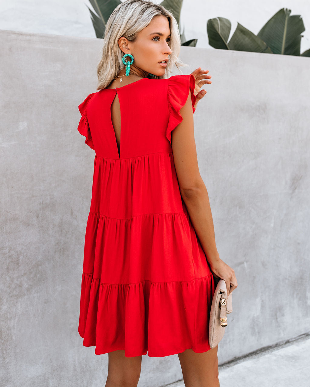 East Coast Pocketed Tiered Babydoll Dress Red