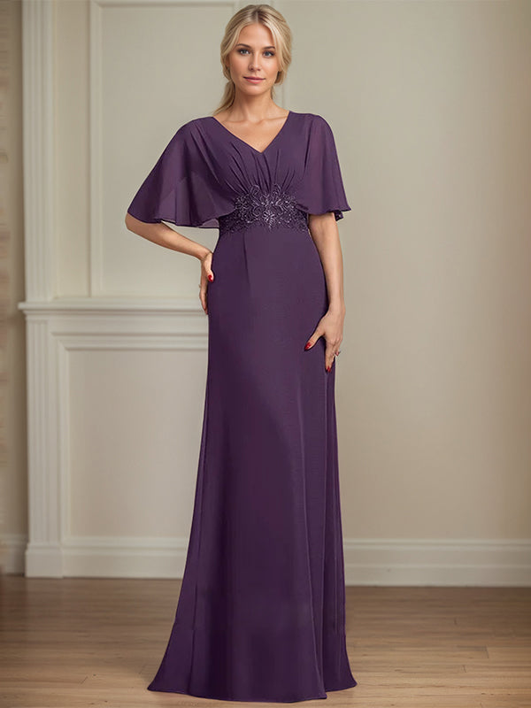 A-Line V-Neck Floor-Length Chiffon Mother of the Bride Dress With Appliques Pleated - VelvetHem