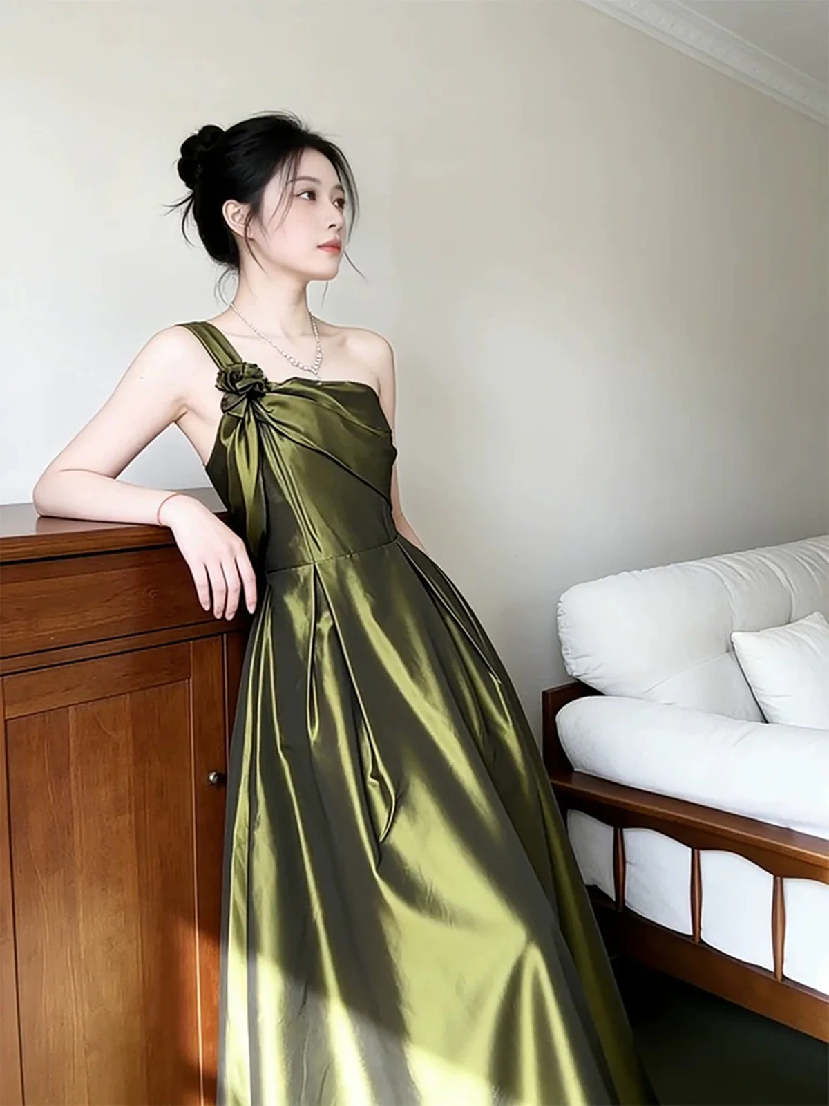 Elegant Olive Green One Shoulder Satin Prom Dress, Vintage-Inspired A-Line Formal Dress - VelvetHem