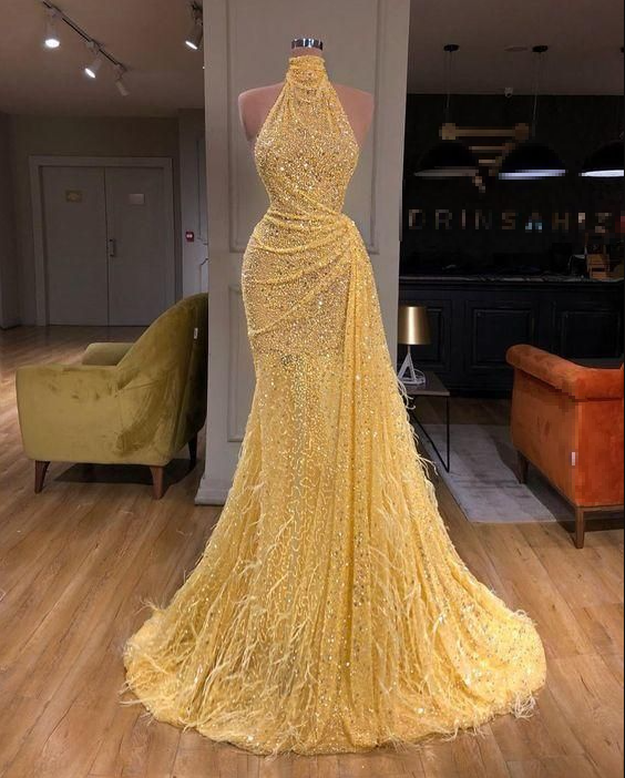 Luxury Yellow Sequins Feathers Evening Dress Sexy Mermaid Party Prom Dress - VelvetHem