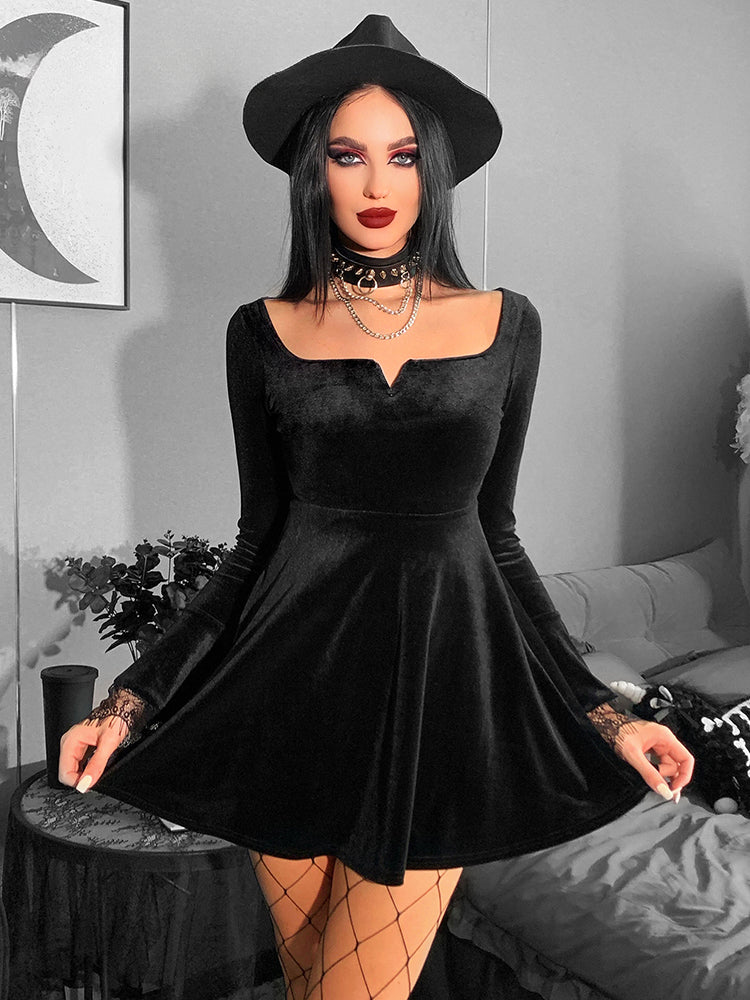 Y2K Harajuku High Waist A-Line Mini Punk Grunge Vintage Flare Sleeve Velvet Lolita Dress - VelvetHem
