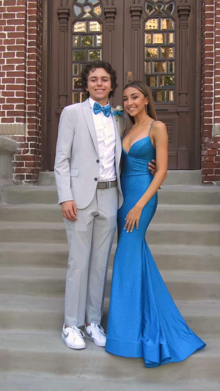 Blue Mermaid V Neck Satin Beaded Prom Dress Spaghetti Straps Formal Dress Classy Evening Dress - VelvetHem