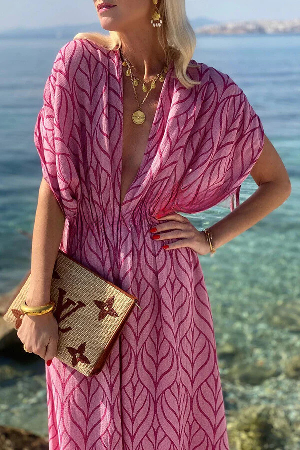 Adriana Boutique Printed Kimono Beach Maxi Dress with Drawstring Design Elevated Occasion Wear