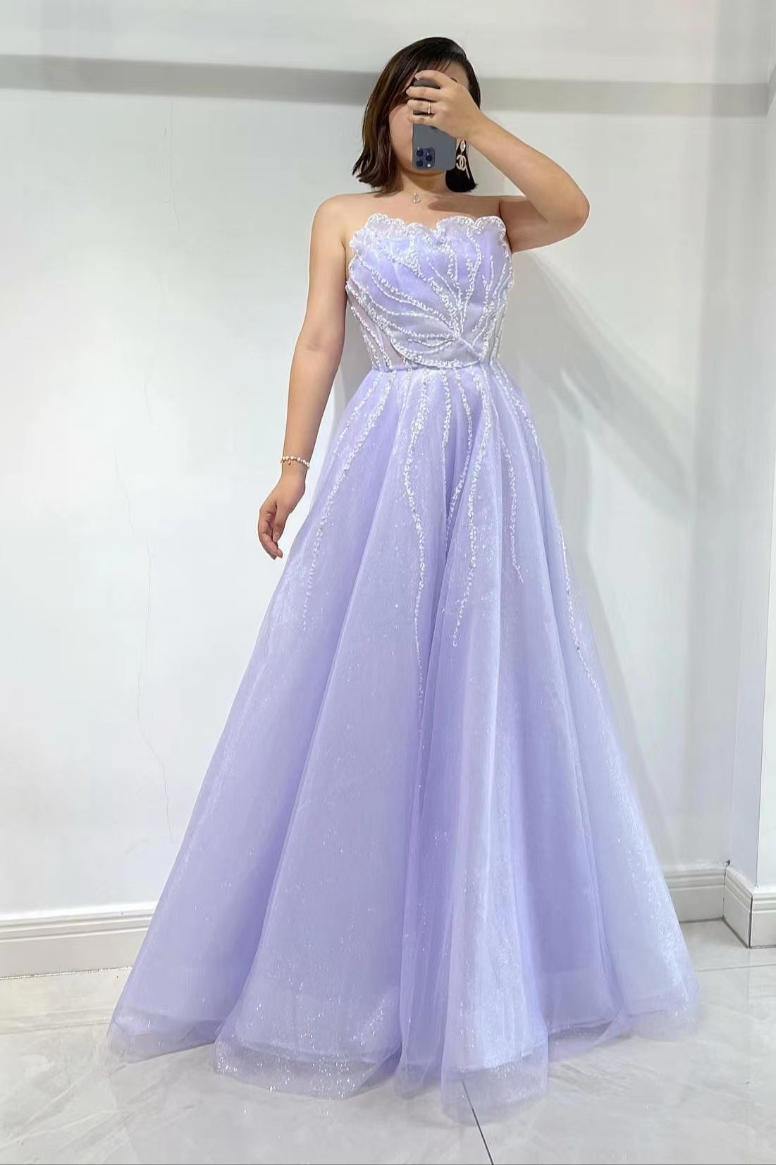 Strapless Lilac A-Line Tulle Prom Dress With Sequins Beads - VelvetHem