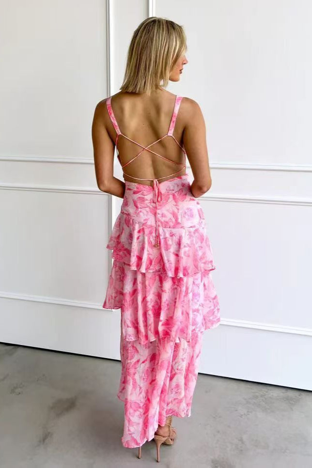 Chiffon Halter Slim Ruffle Maxi Floral Dress