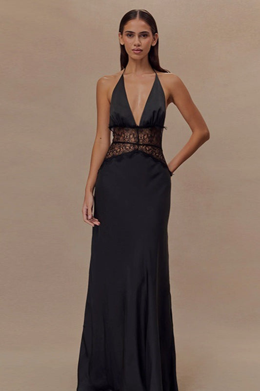 V Neck Backless Lace Dress - VelvetHem