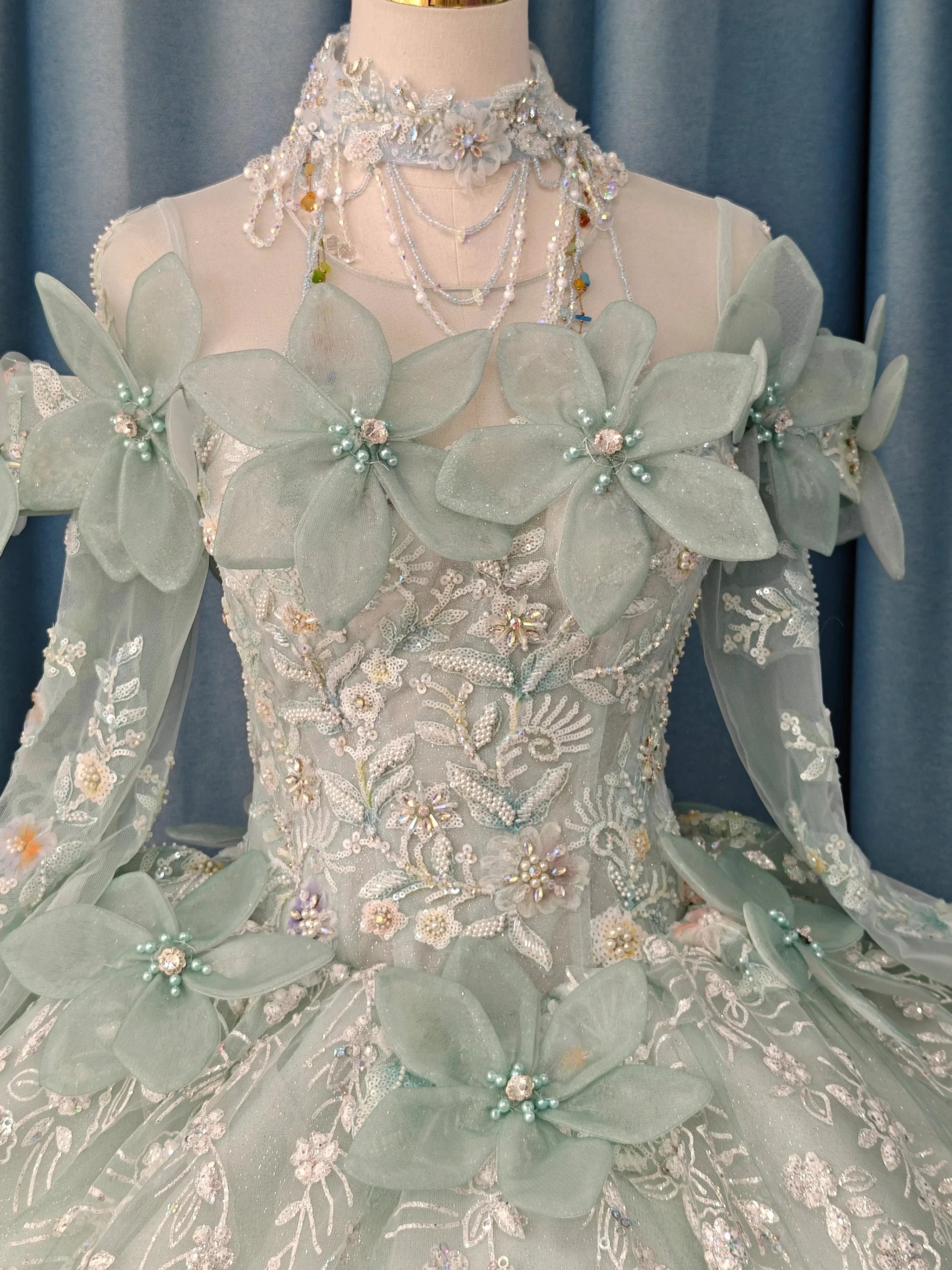 Fairy-Tale Mint Green High-Neck Ball Gown Wedding Dress with 3D Organza Flowers & Crystal Embroidery Ye-2025 by ZAPDRESS