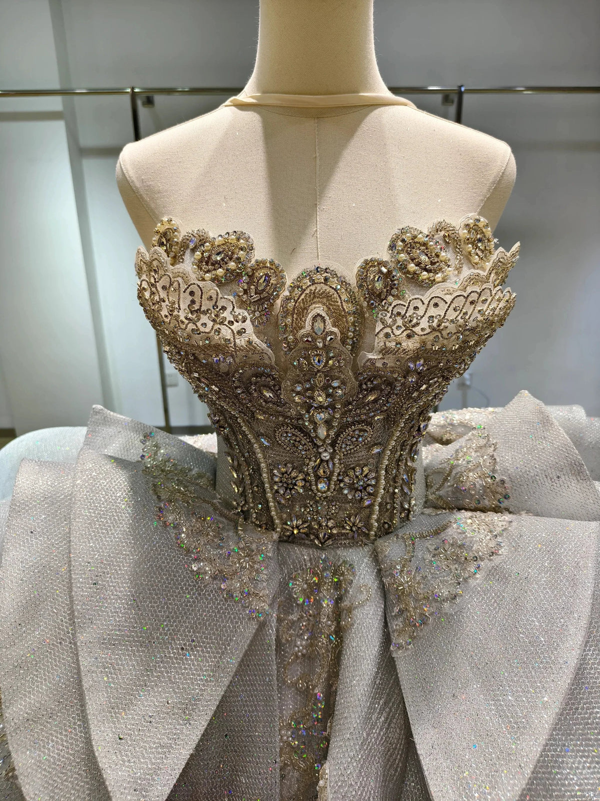 Silver Haze Strapless Ballgown: Gilded Beaded Bust & Ruffled Train (ZD16775)