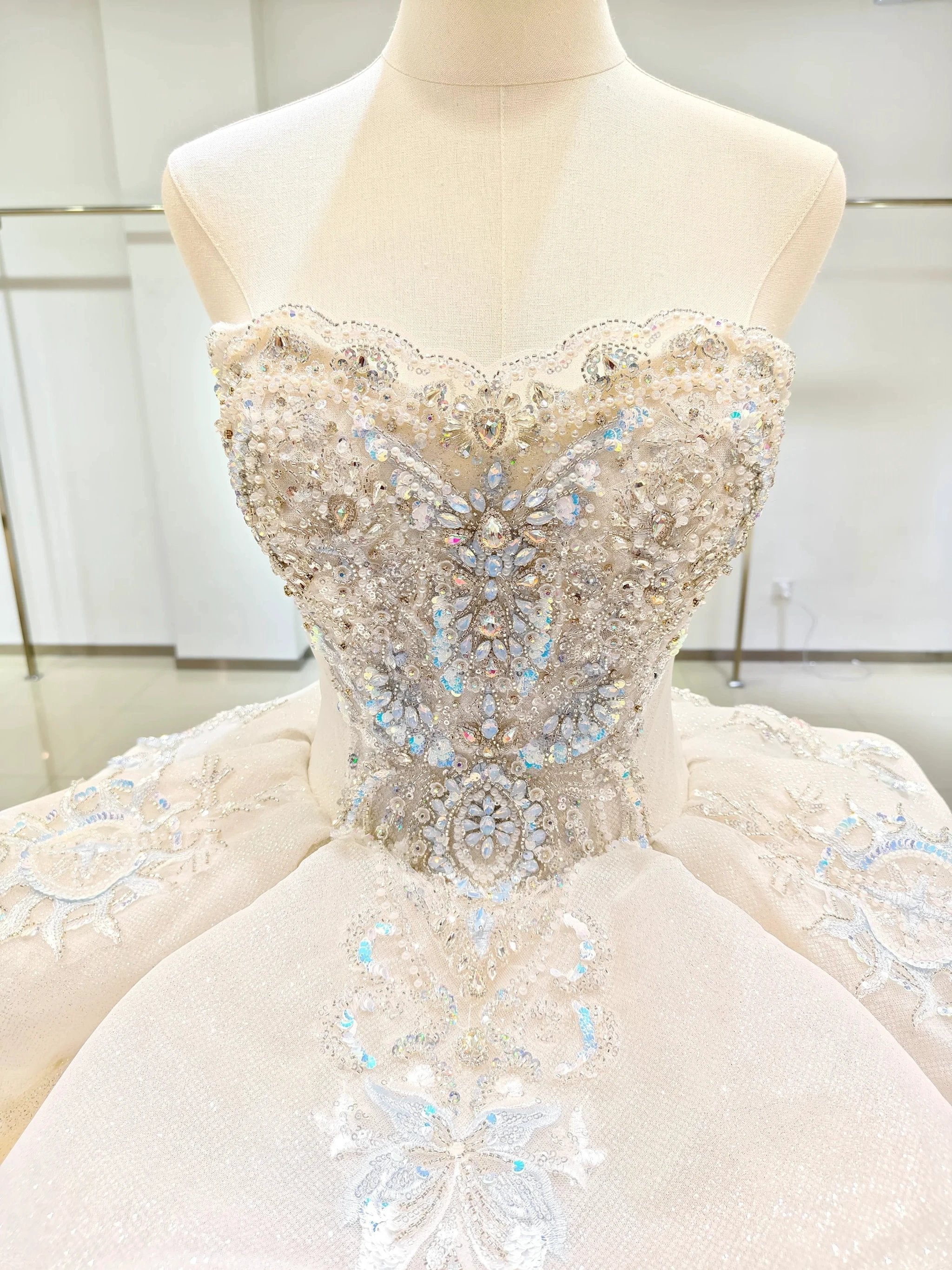 Ivory Glimmer Strapless Ballgown: Iridescent Beaded Bust & Flowing Train (ZD16774)