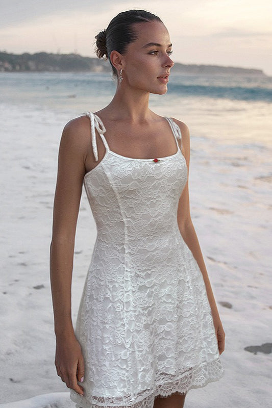 Lace Trim Waist Tie A-Line Cami Lace Dress - VelvetHem